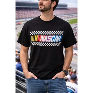 NASCAR Racing Logo T Shirt XL Black Checkered Flag Unisex Graphic Cotton Tee